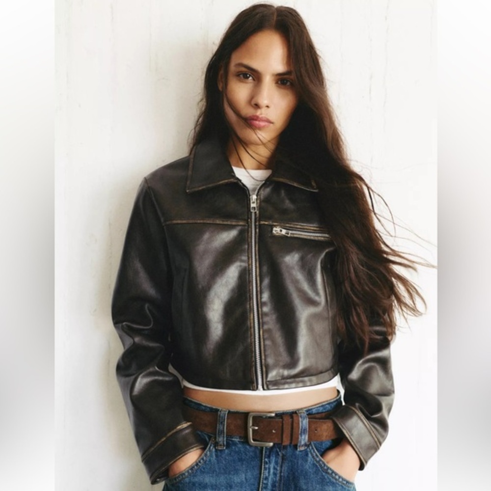 Pull & Bear Faux Leather Cropped Jacket Washed Brown Zip NWT Large